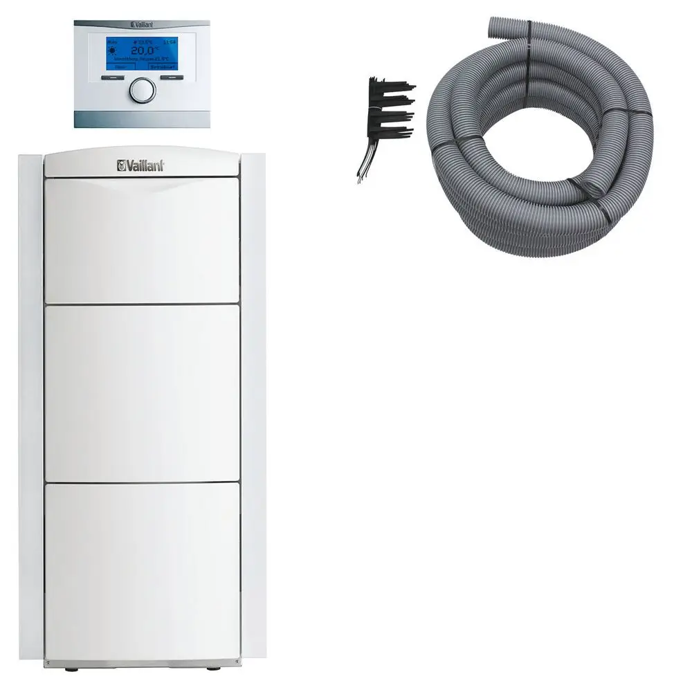 Vaillant Heizgerät in Weiß, inklusive Steuerungseinheit und flexiblen Abgasrohren. Gerät hat eine glatte Oberfläche und klares Display.